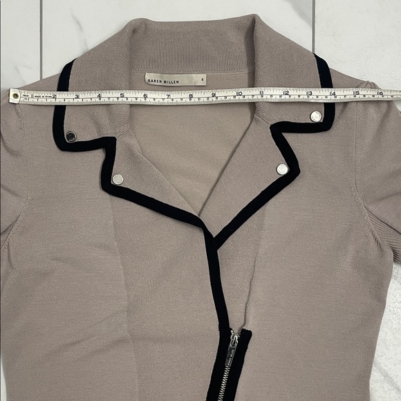 Karen Millen Knit Sweater Jacket Black Trim Asymmetrical Zipper V Neck Collar - Picture 14 of 14